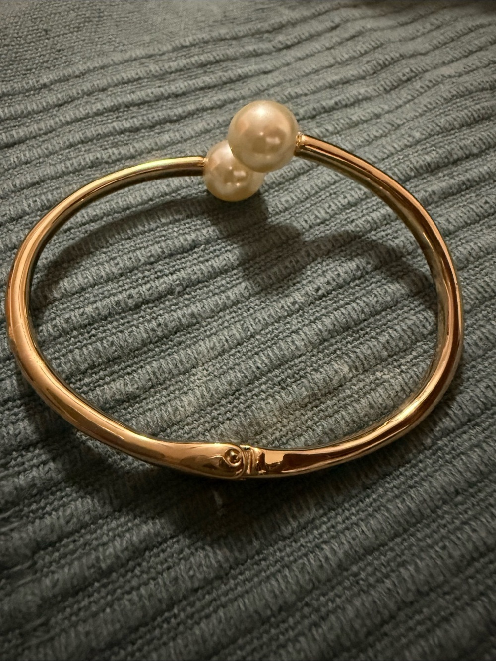 Gold Tone Pearl Cuff Bangle Bracelet | Hinged Open Bypass Statement Jewelry